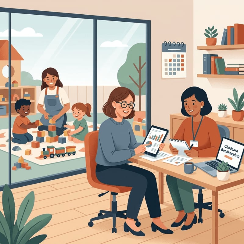 Friendly childcare bookkeeper collaborating with centre manager